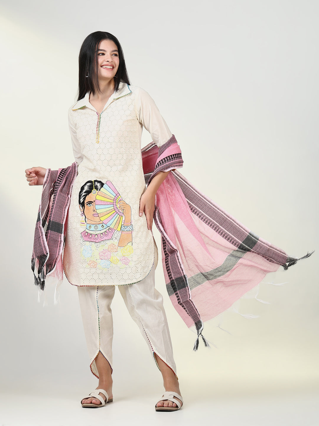 Women Embroidered Cream Kurta Set with Dupatta