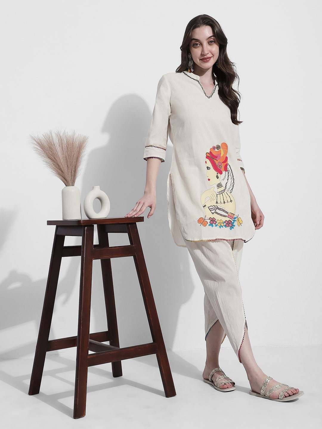 Women's Printed Cream Kurta Set with Dhoti Pants
