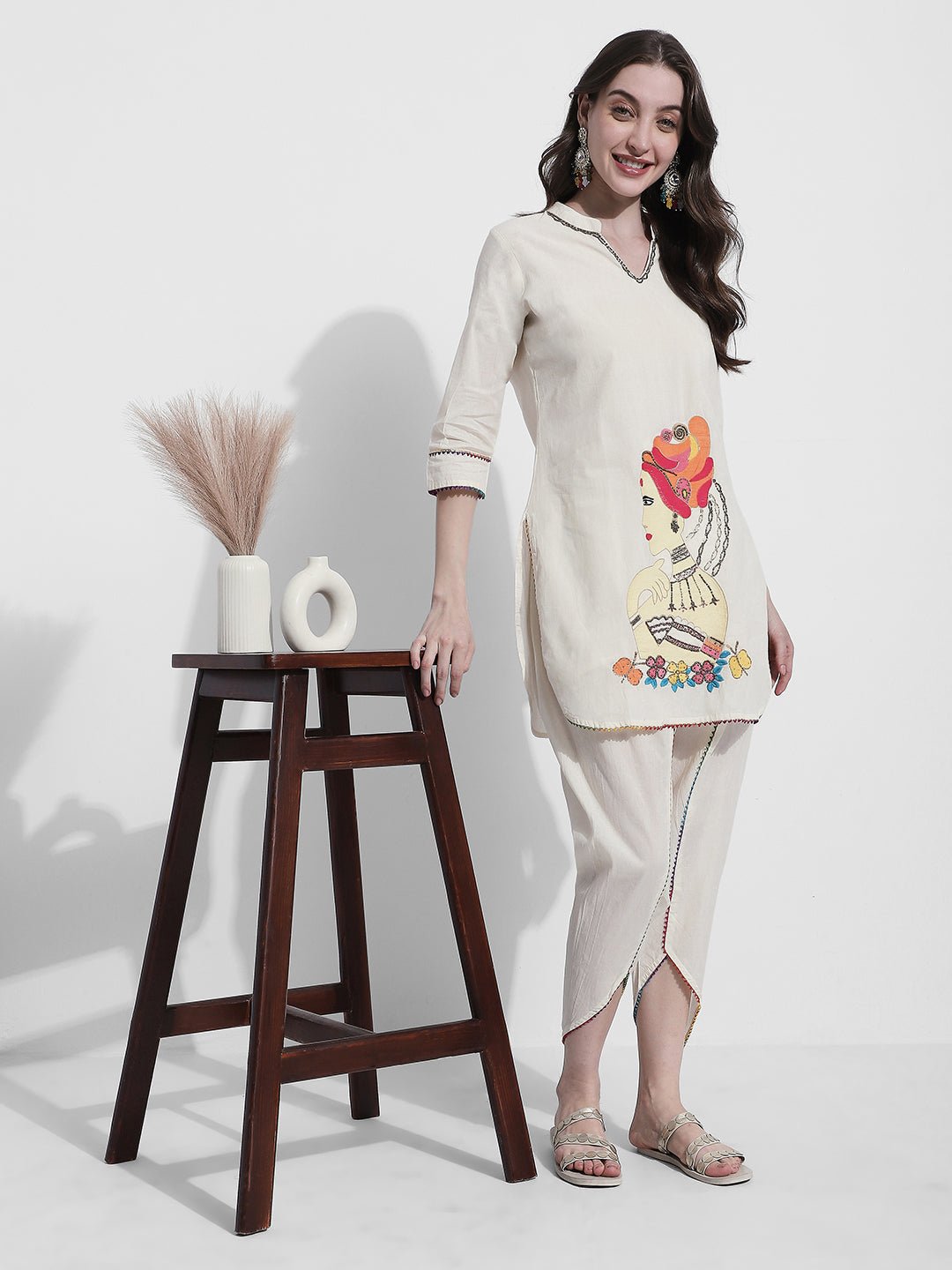 Women's Printed Cream Kurta Set with Dhoti Pants