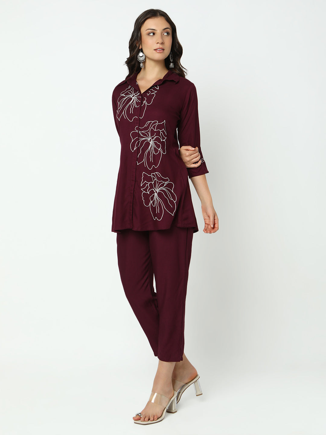 Women's Embroidered Burgundy A-Line Kurta Set with Straight Pants