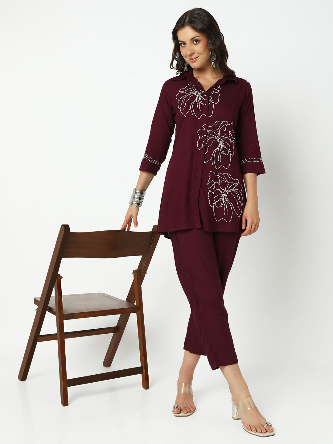 Women's Embroidered Burgundy A-Line Kurta Set with Straight Pants