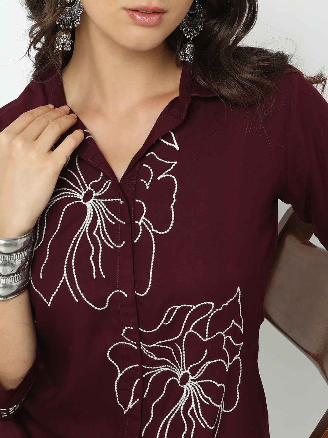 Women's Embroidered Burgundy A-Line Kurta Set with Straight Pants