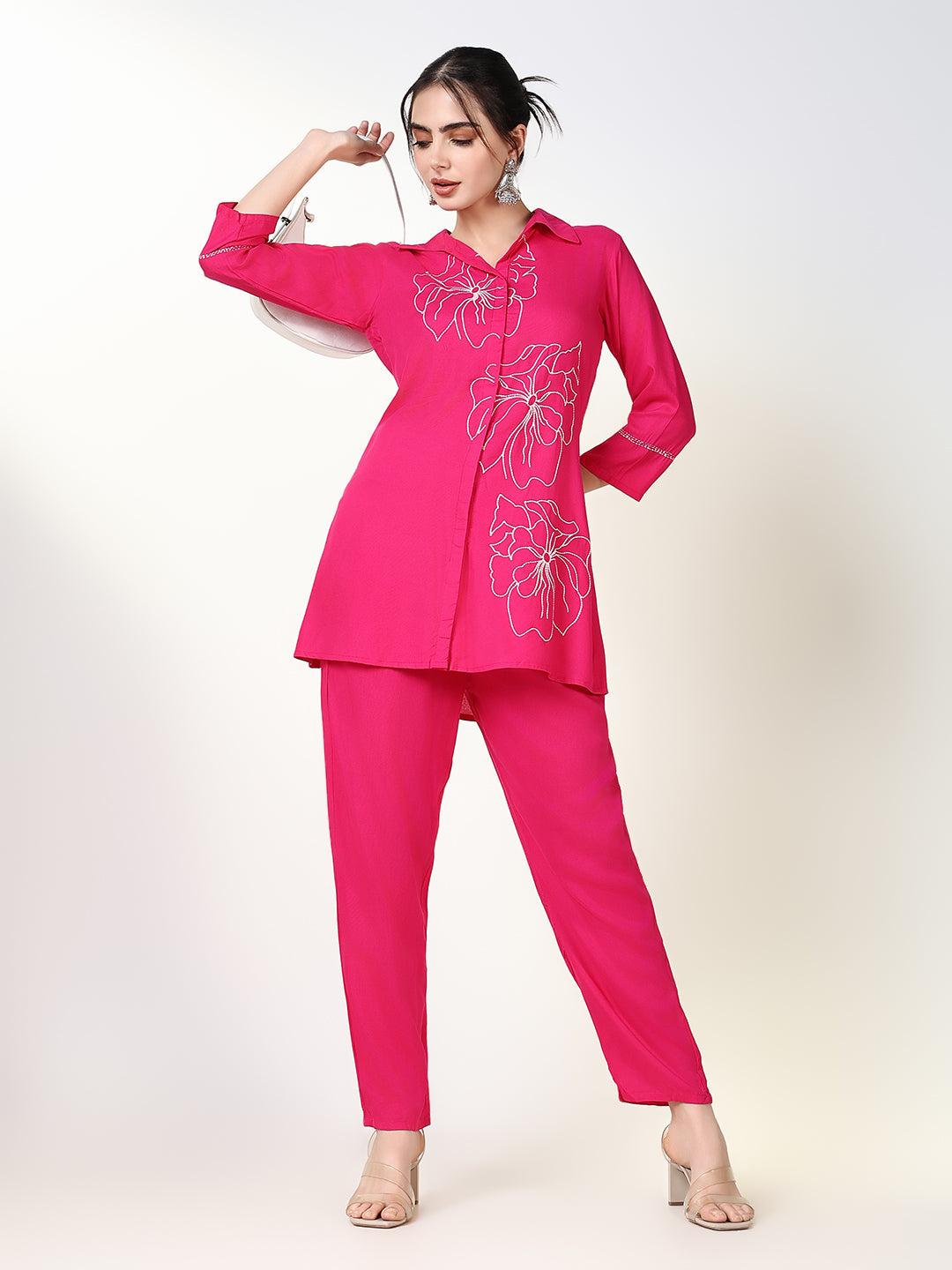 Women Embroidered Pink Co Ords Set