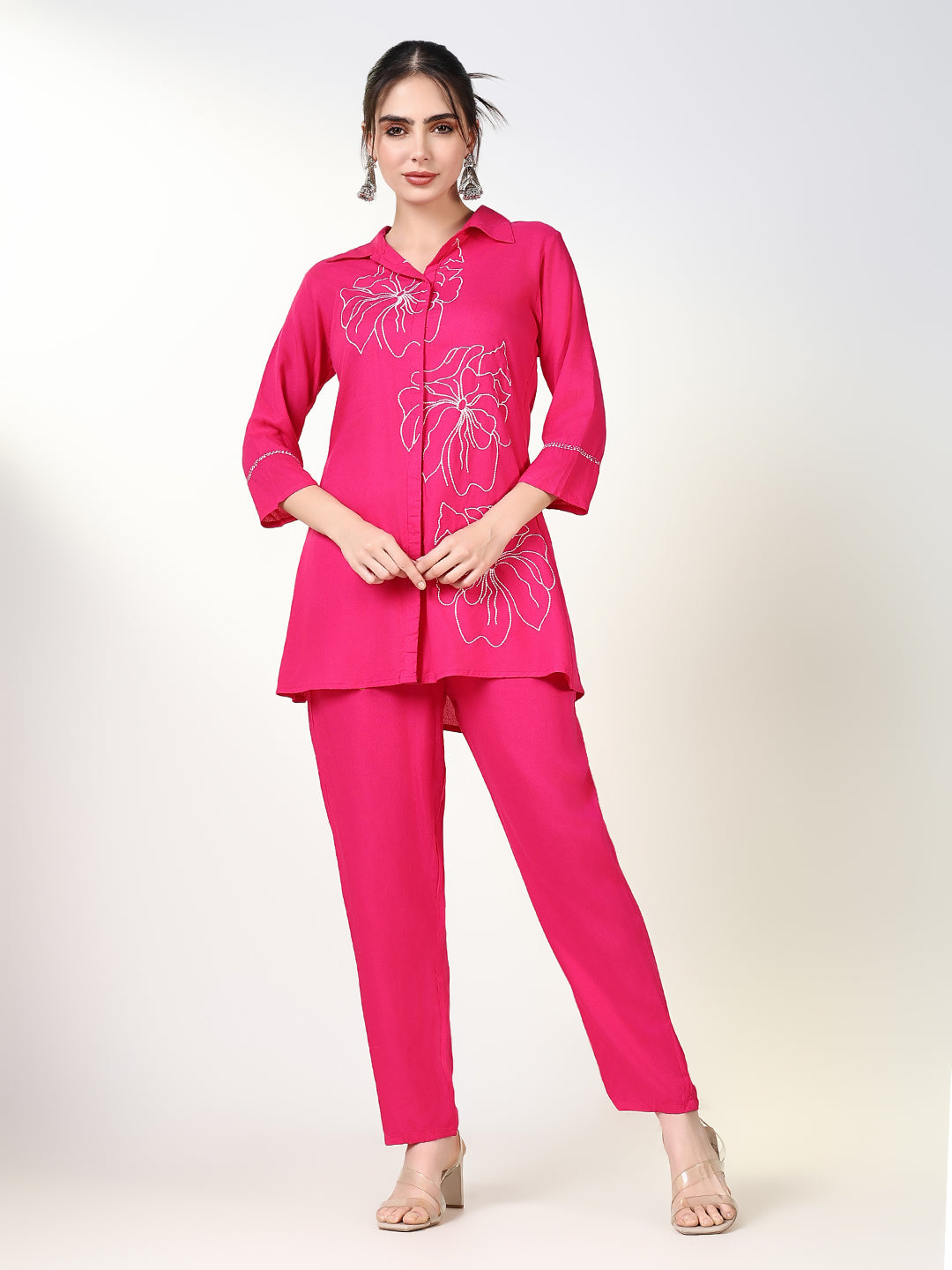 Women Embroidered Pink Co Ords Set