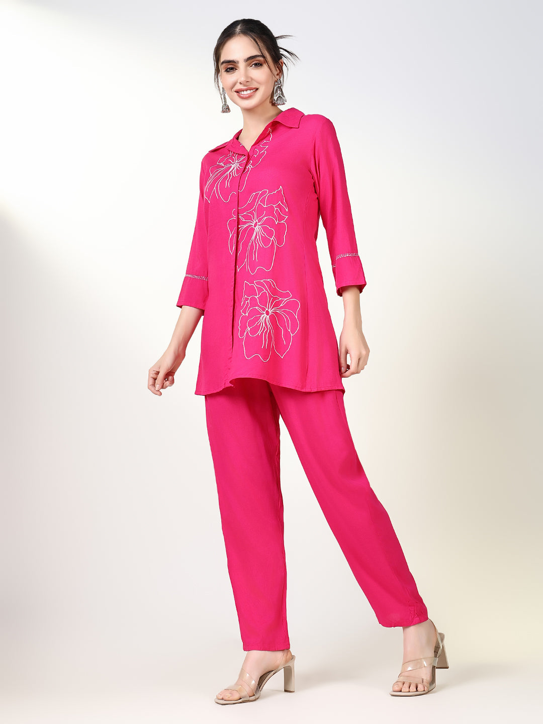 Women Embroidered Pink Co Ords Set