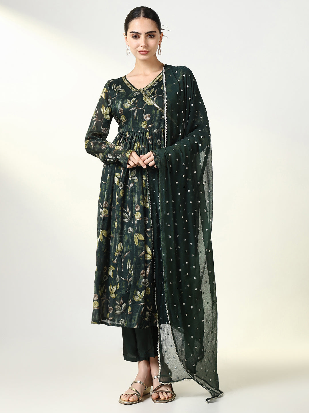 Women Floral Green A Line Kurta Set with Dupatta