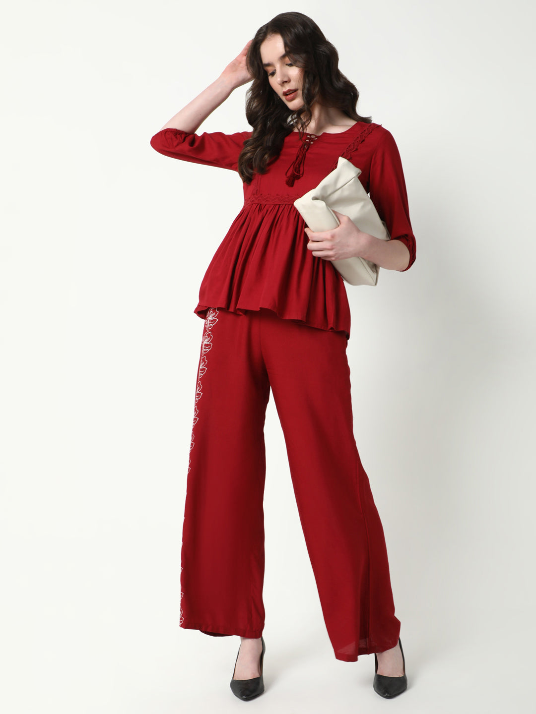 Women Red Solid Co Ords Set