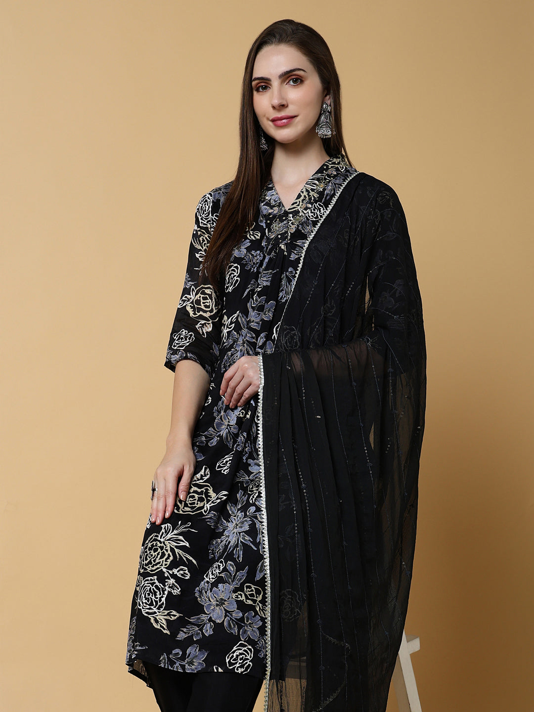 Women Floral Black A-Line Kurta Set with Dupatta