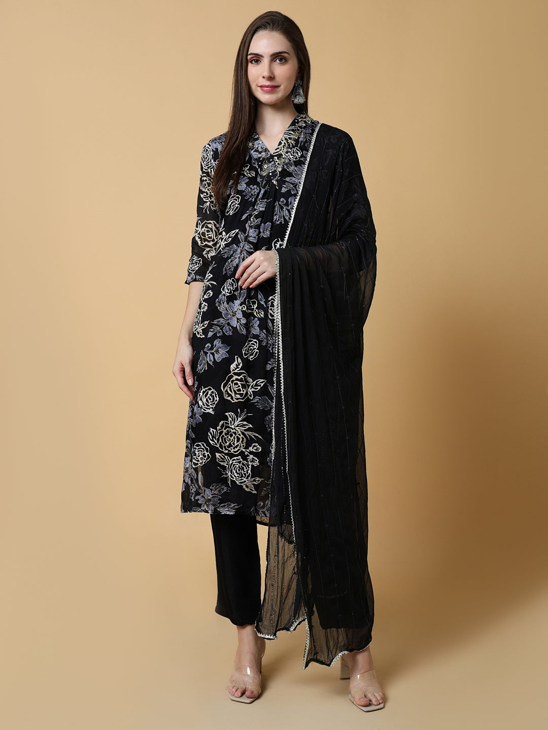 Women Floral Black A-Line Kurta Set with Dupatta