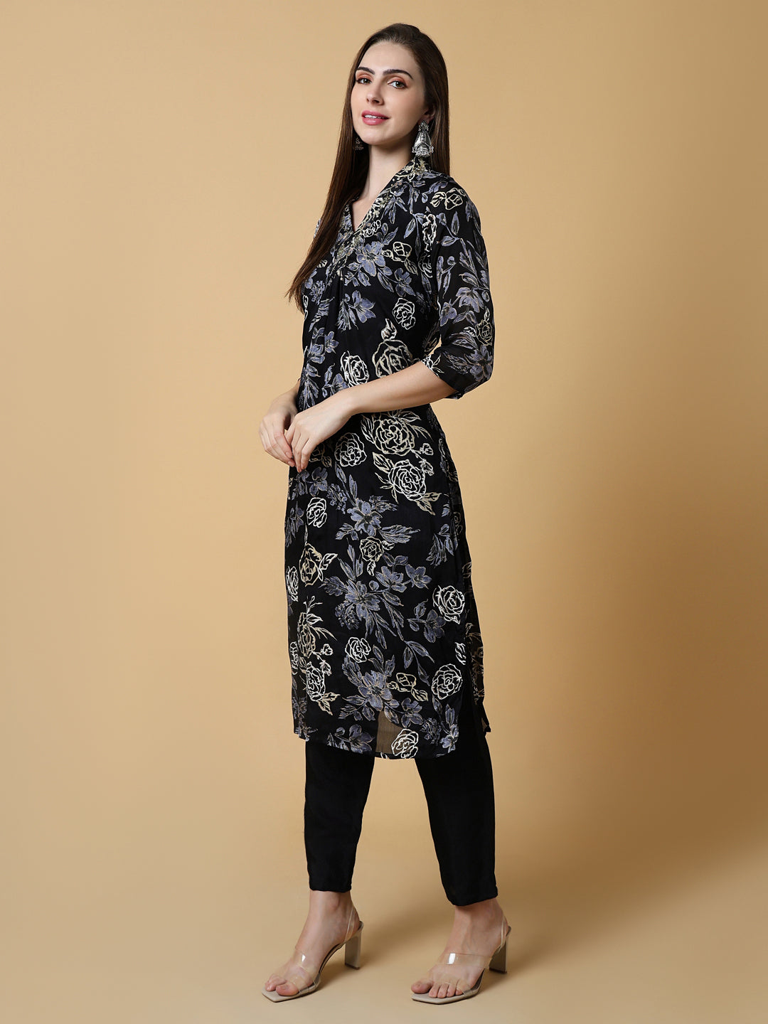 Women Floral Black A-Line Kurta Set with Dupatta