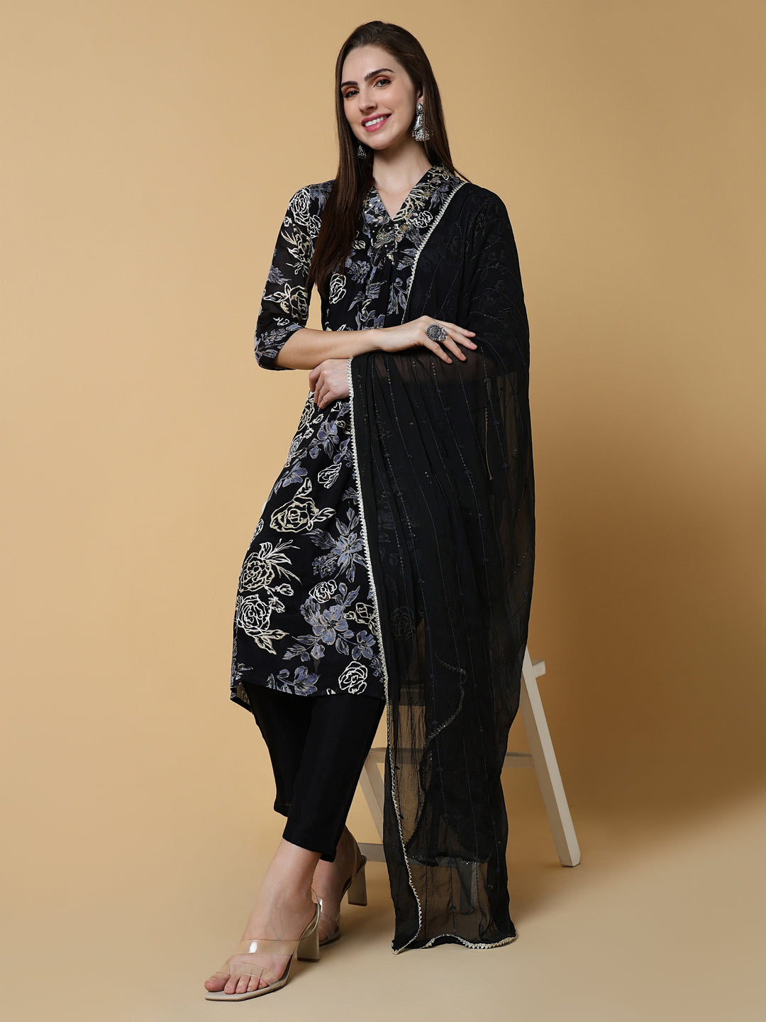 Women Floral Black A-Line Kurta Set with Dupatta