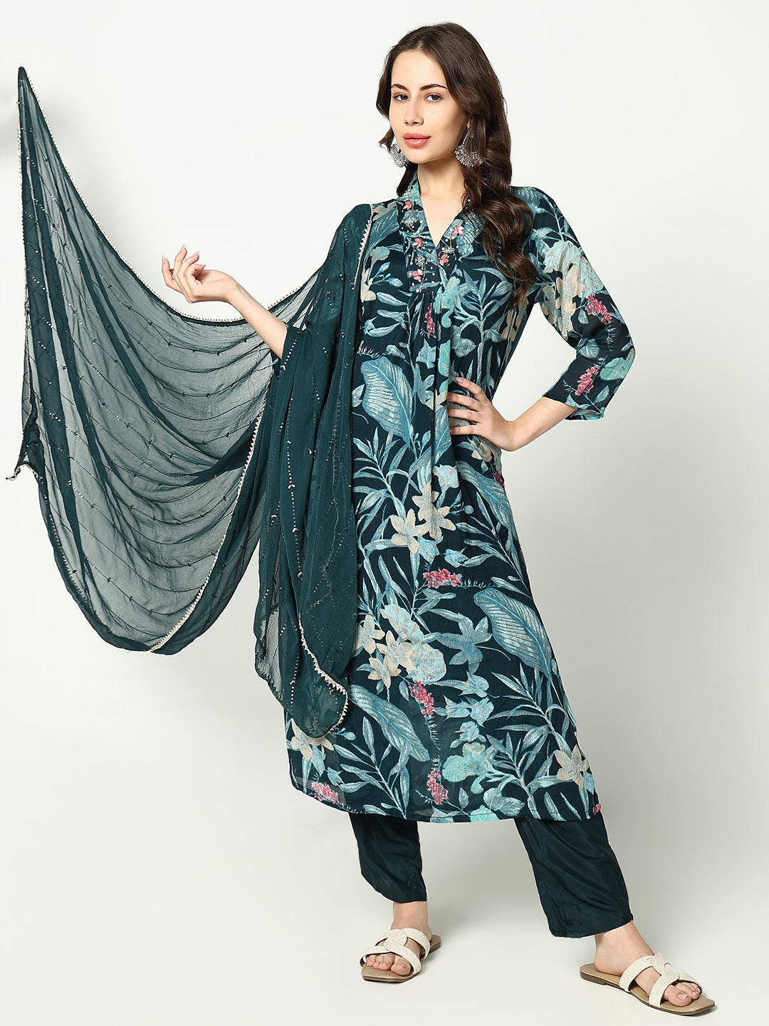 Women Floral Teal A Line Kurta Set with Dupatta