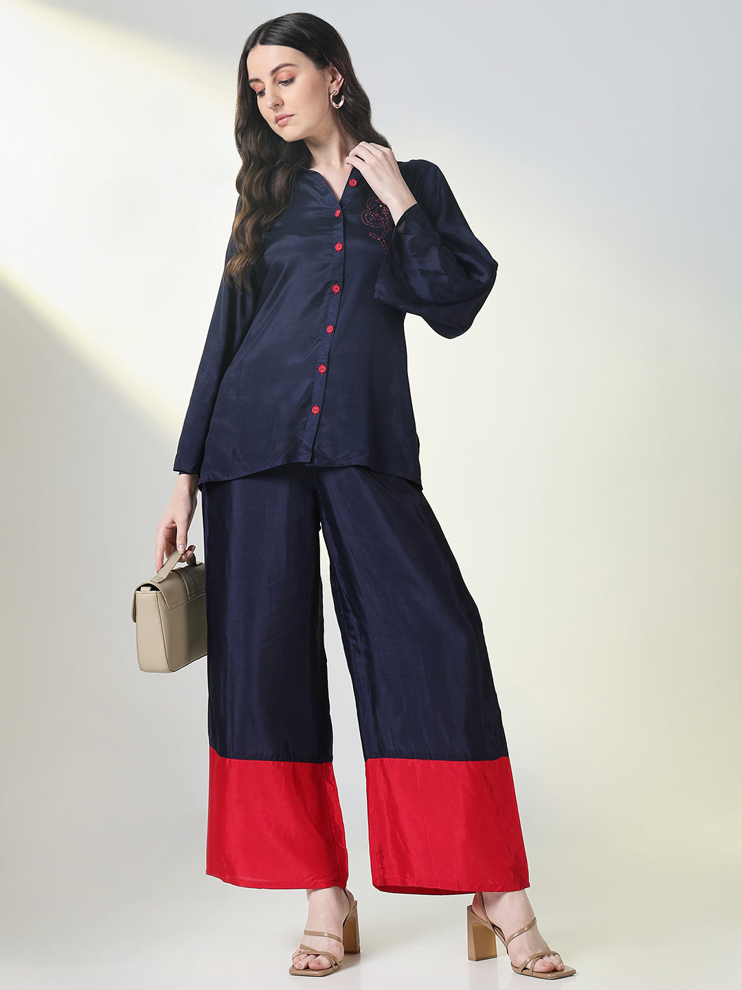 Women Navy Blue Solid Co Ords Set