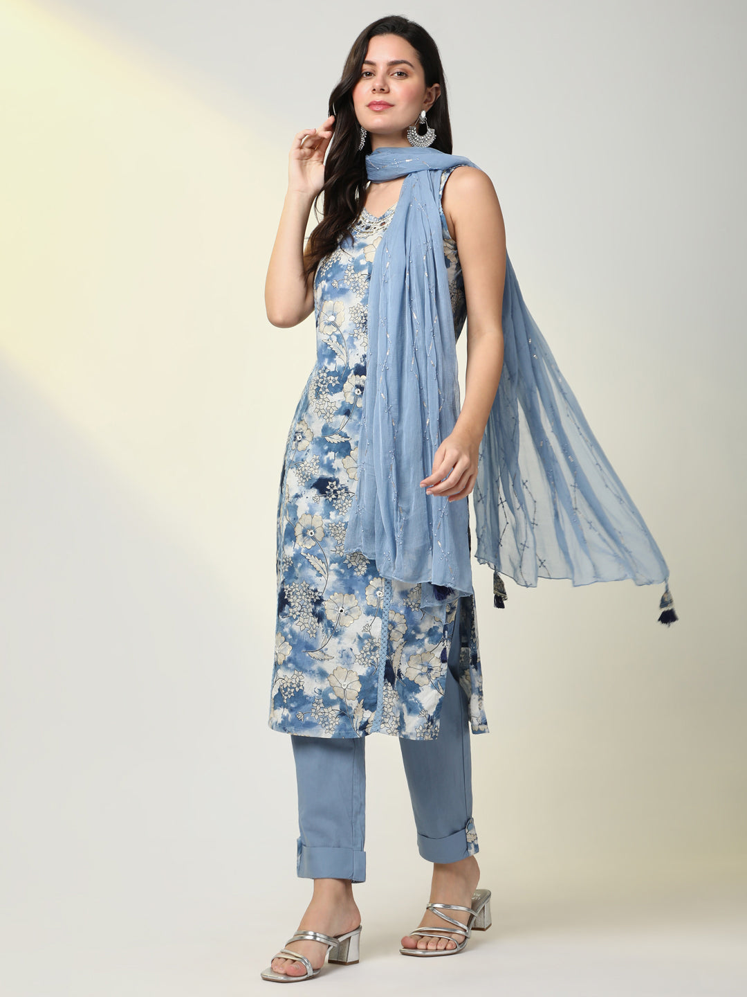 Women Blue Floral Kurta Set with Dupatta