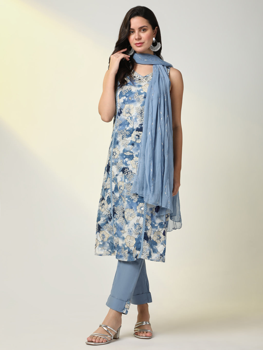 Women Blue Floral Kurta Set with Dupatta