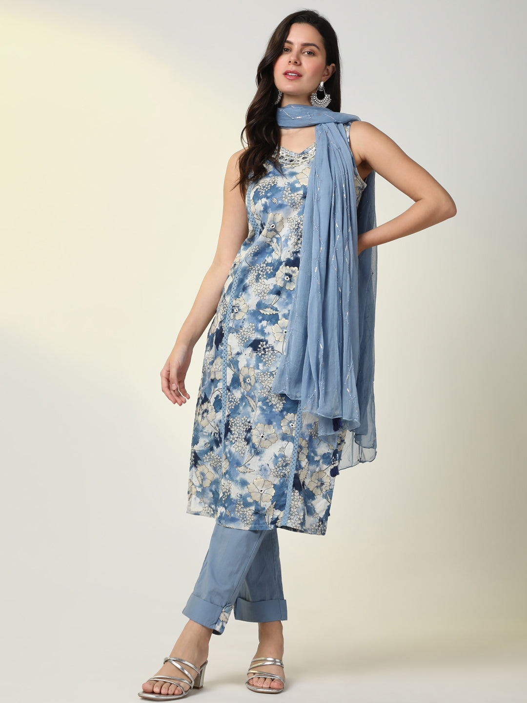 Women Blue Floral Kurta Set with Dupatta