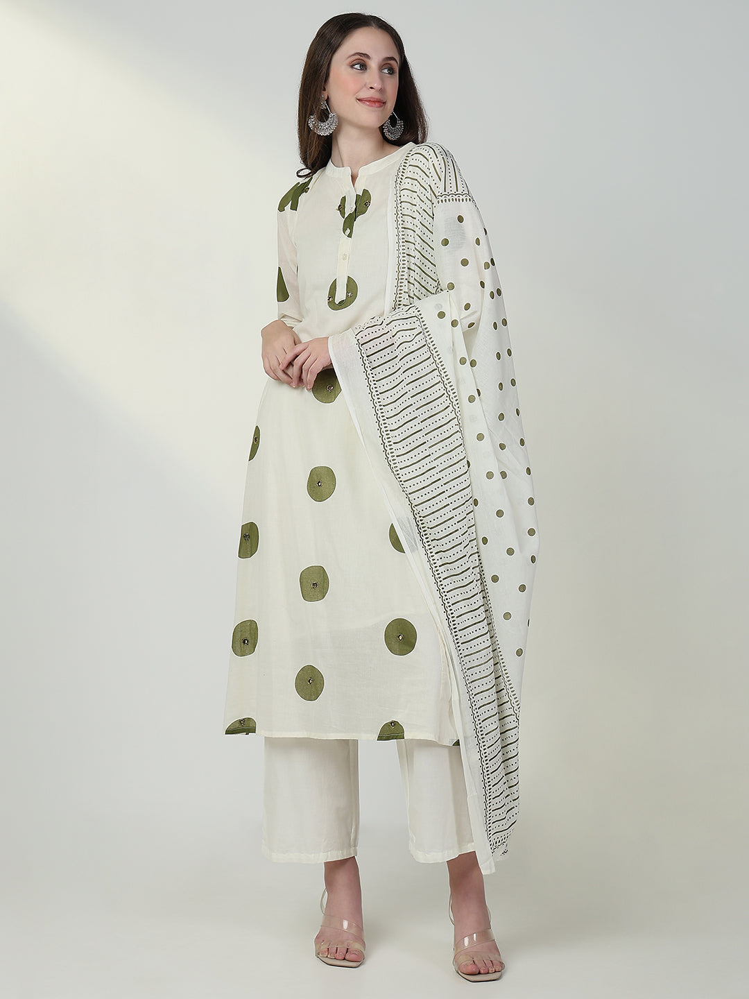 Women Geometric Off White A Line Kurta Set with Dupatta