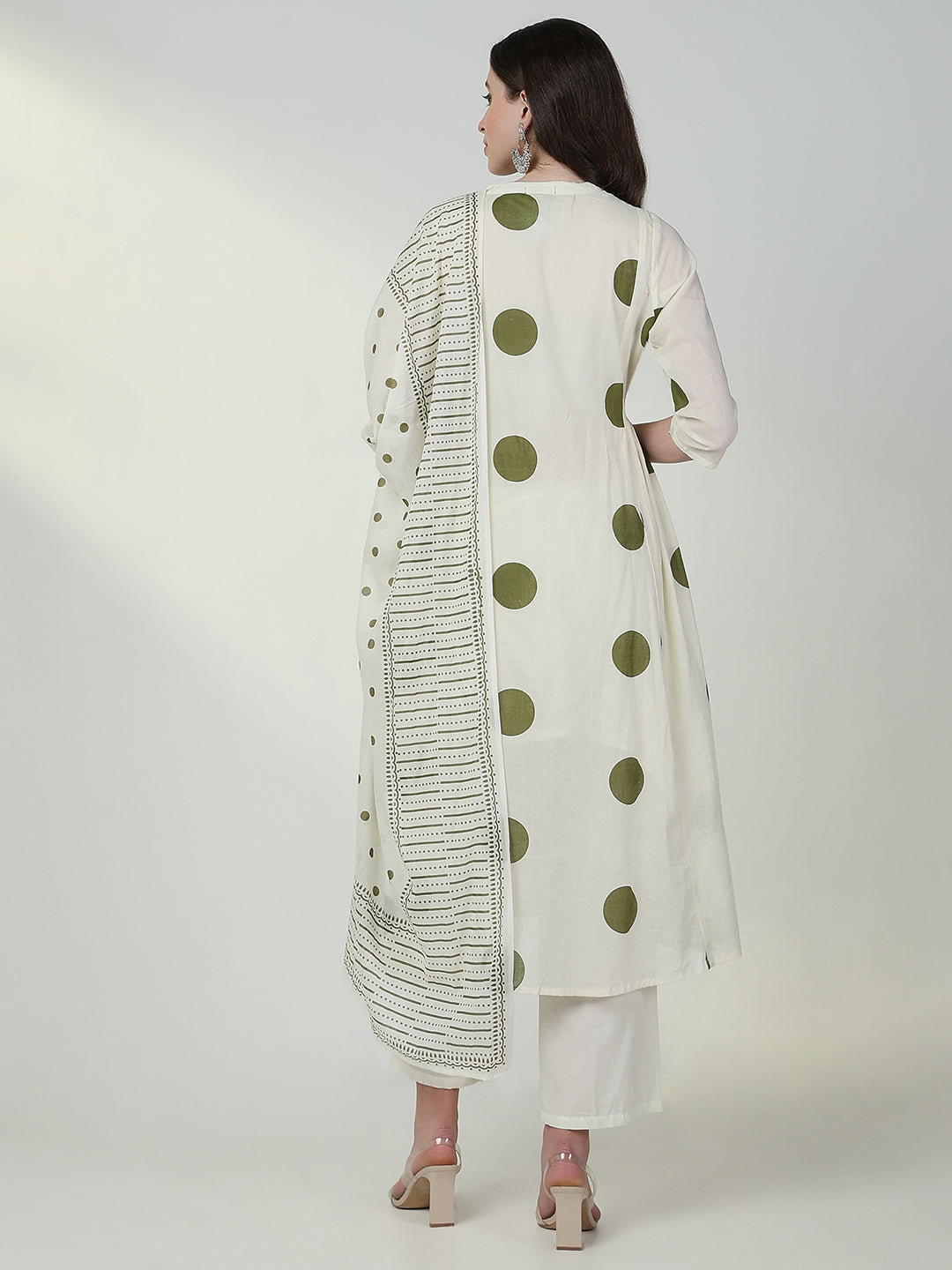 Women Geometric Off White A Line Kurta Set with Dupatta