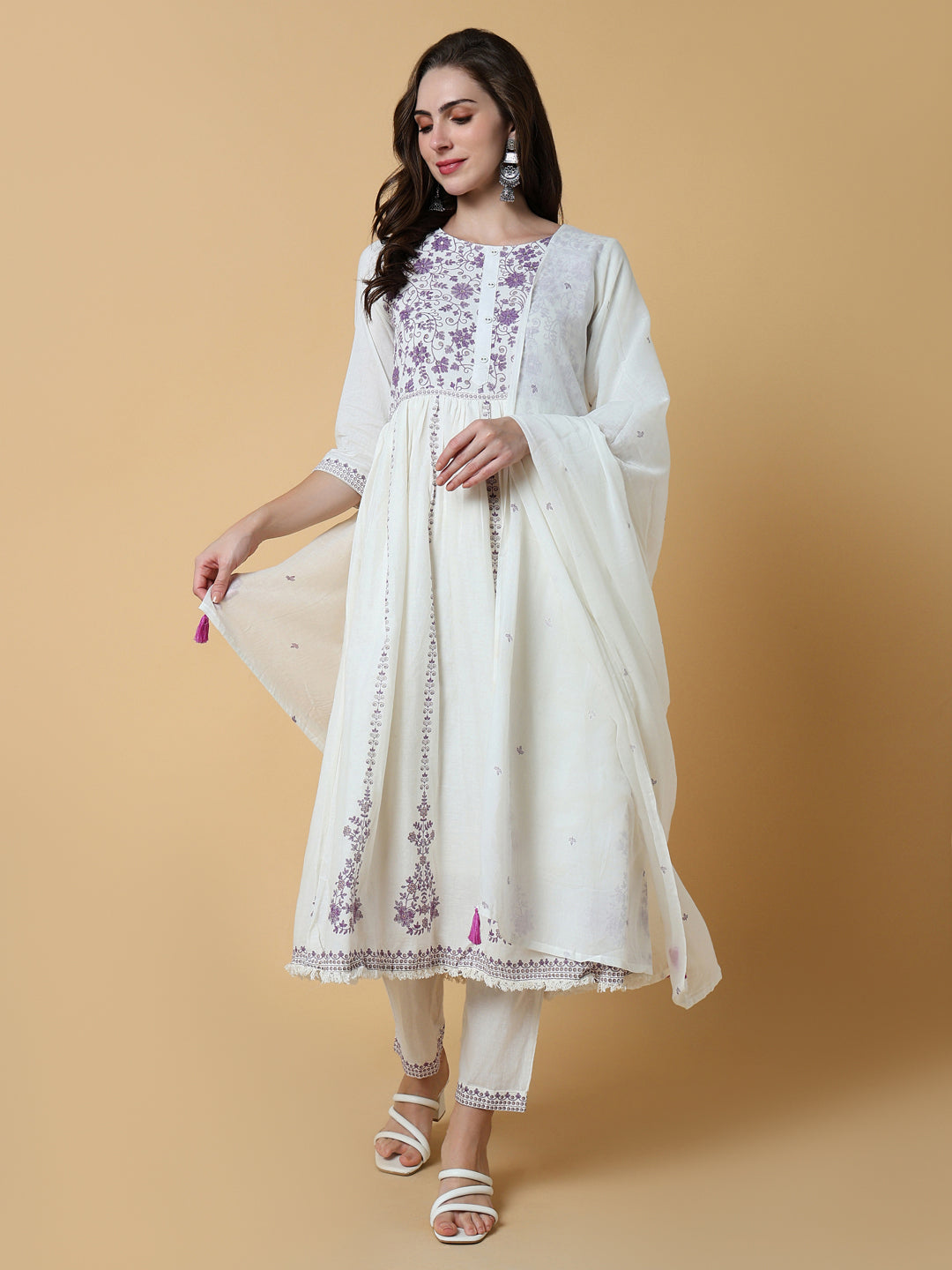 Women Floral White Straight Kurta Set with Dupatta