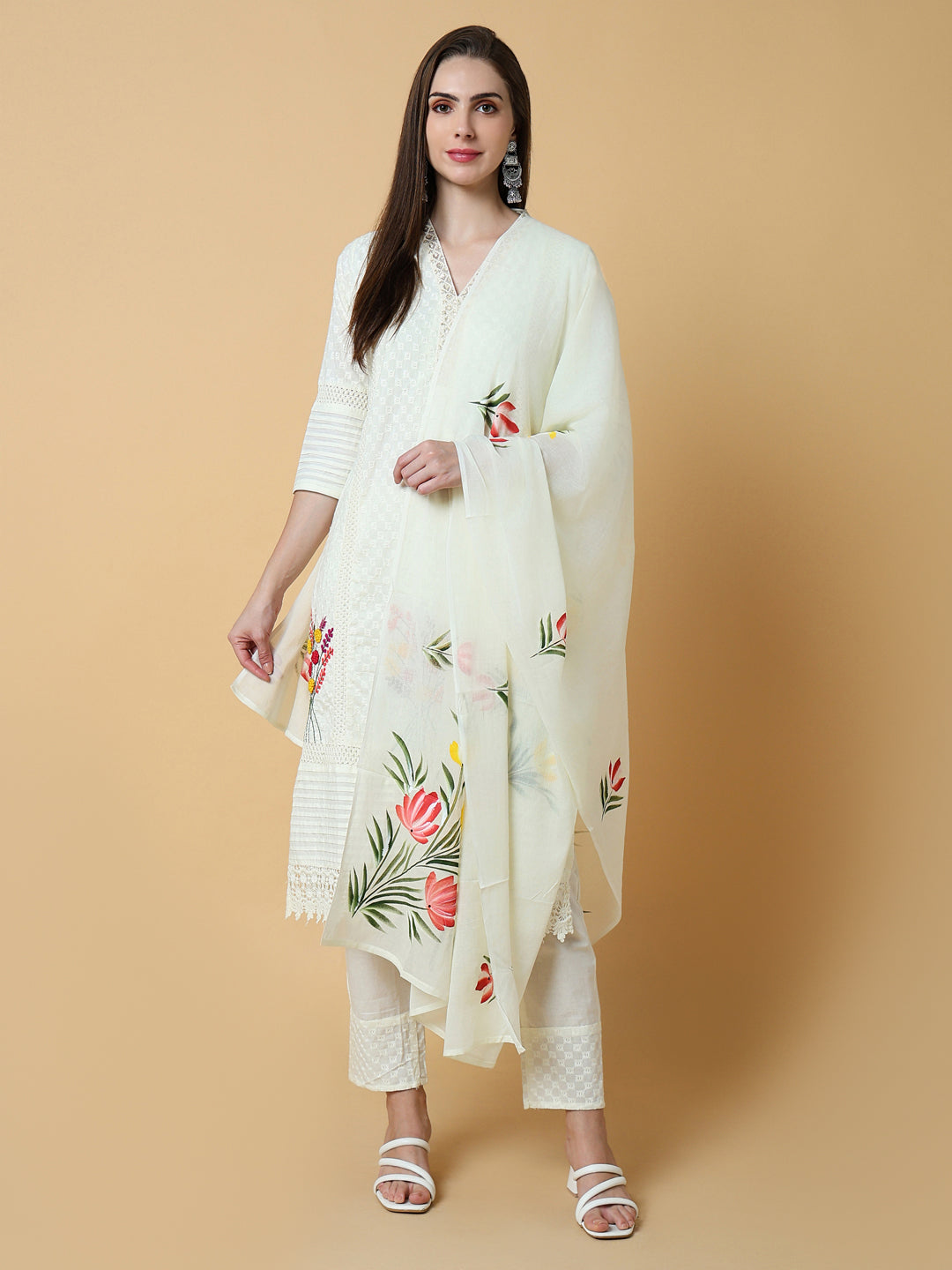 Women Solid Off White Straight Kurta Set with Dupatta