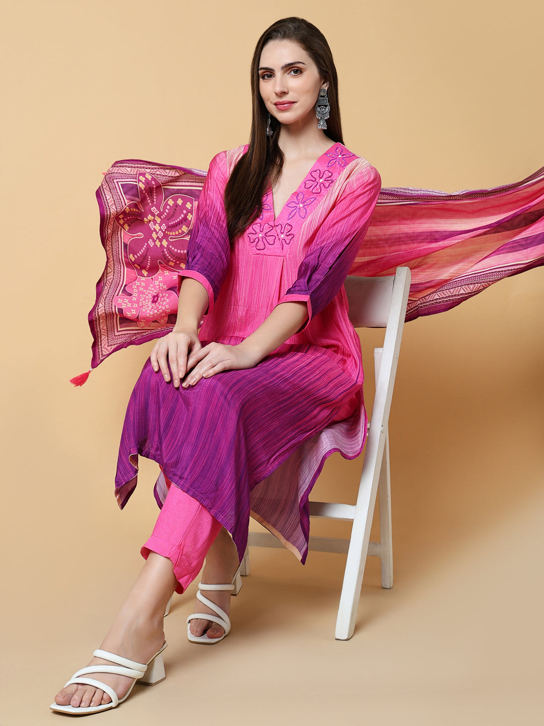 Women Solid Pink A-Line Kurta Set with Dupatta