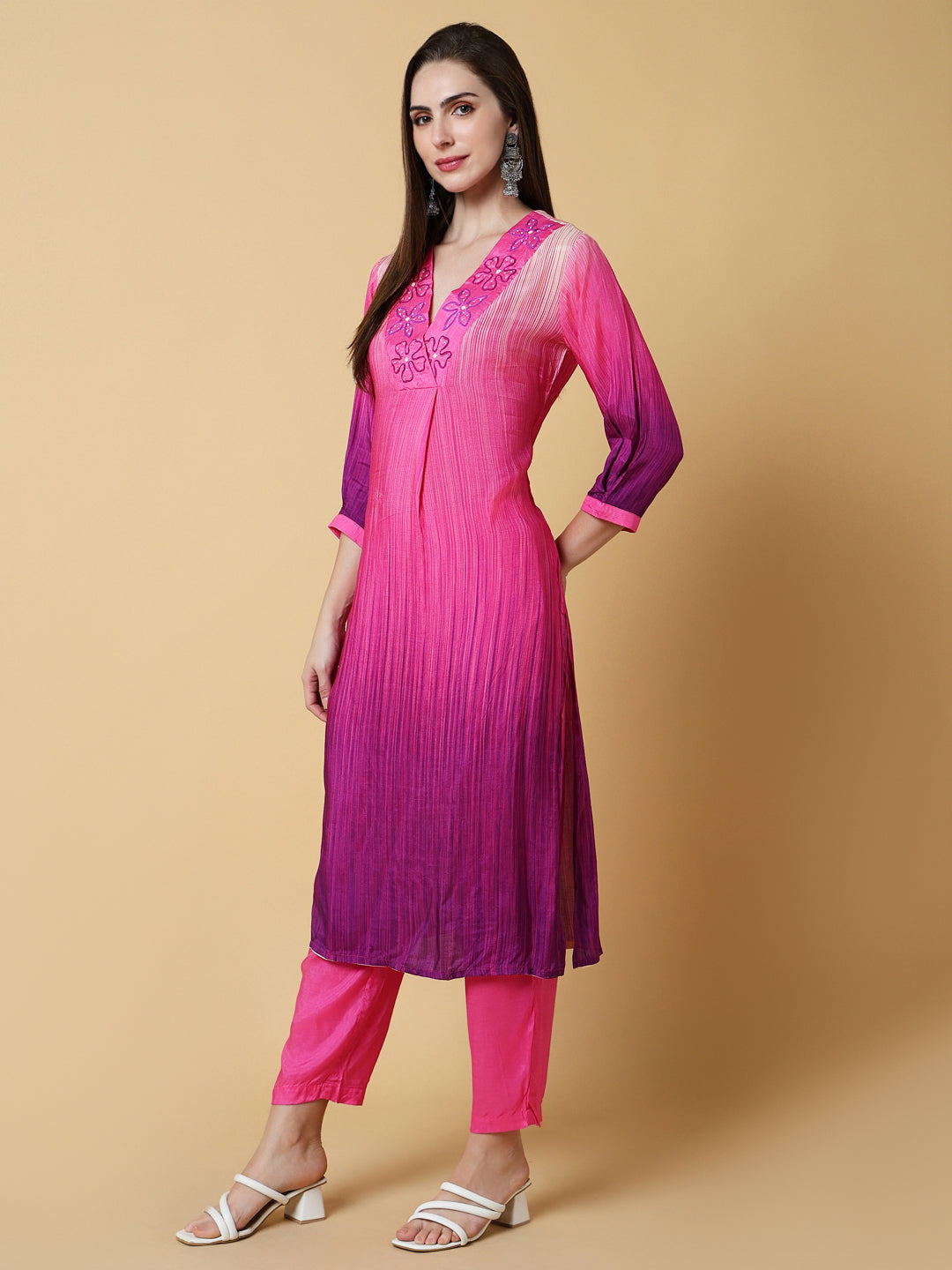 Women's Solid Pink A-Line Kurta Set with Dupatta