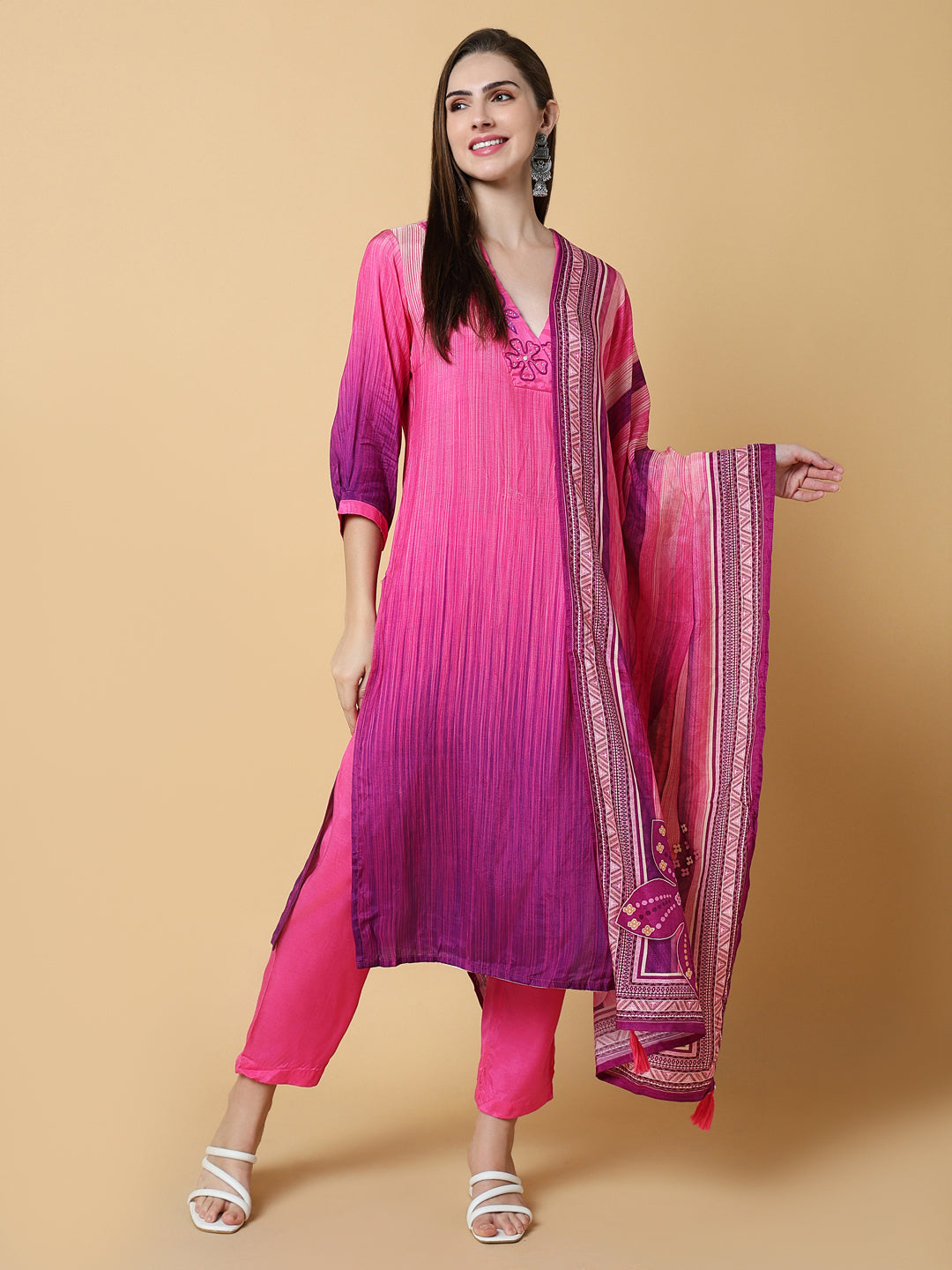 Women's Solid Pink A-Line Kurta Set with Dupatta