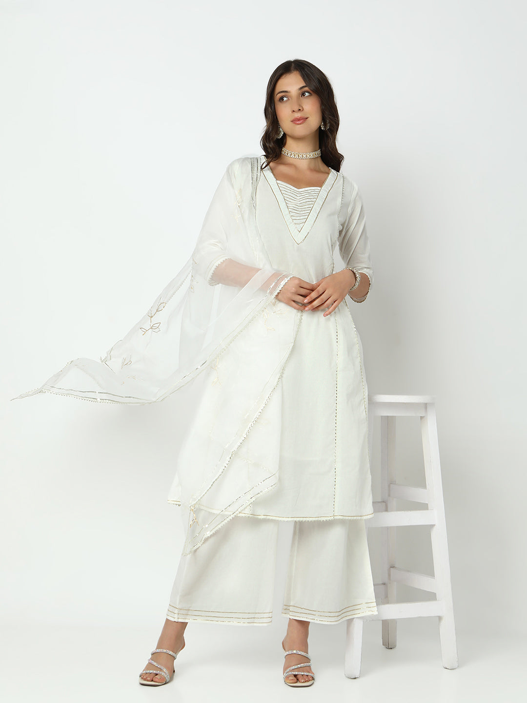 Women's Off White A-Line Kurta Set with Dupatta