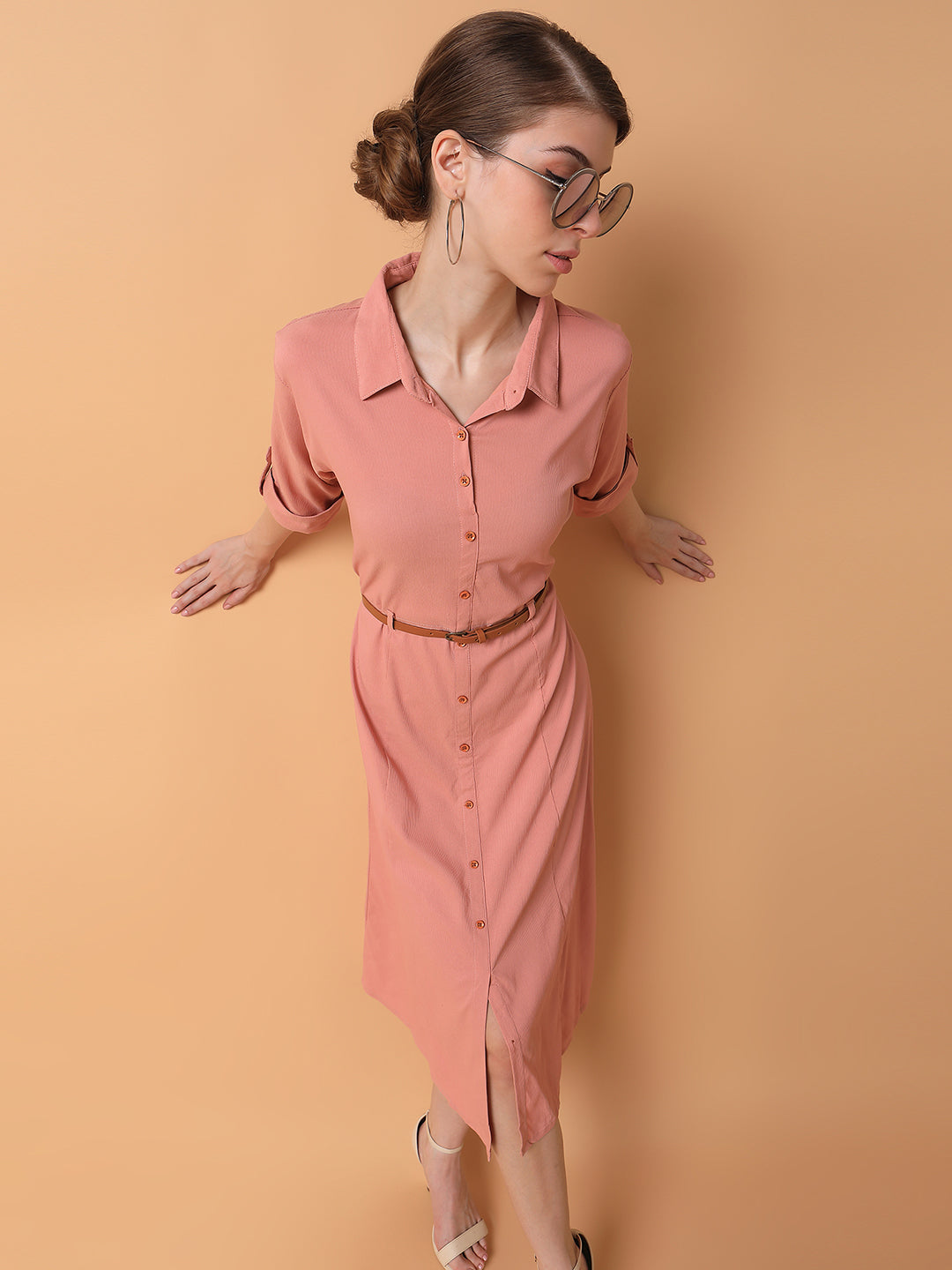 Women Solid Peach Midi A-Line Dress with Belt