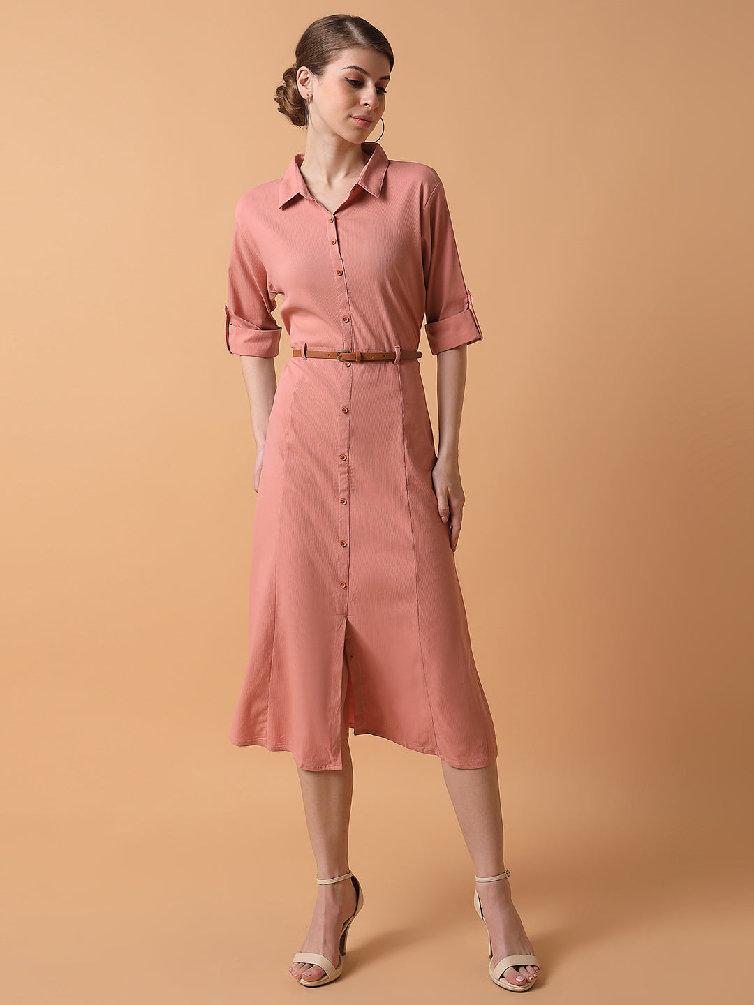 Women Solid Peach Midi A-Line Dress with Belt