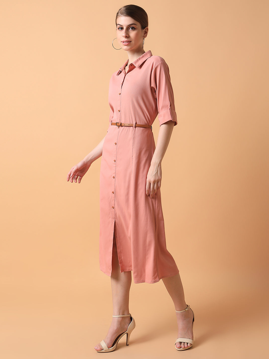 Women Solid Peach Midi A-Line Dress with Belt