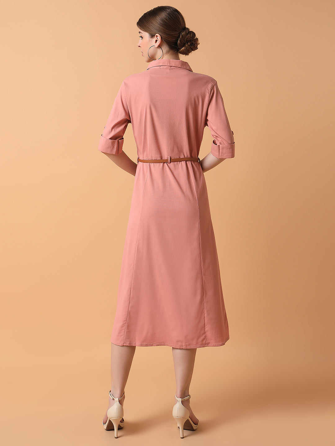 Women Solid Peach Midi A-Line Dress with Belt