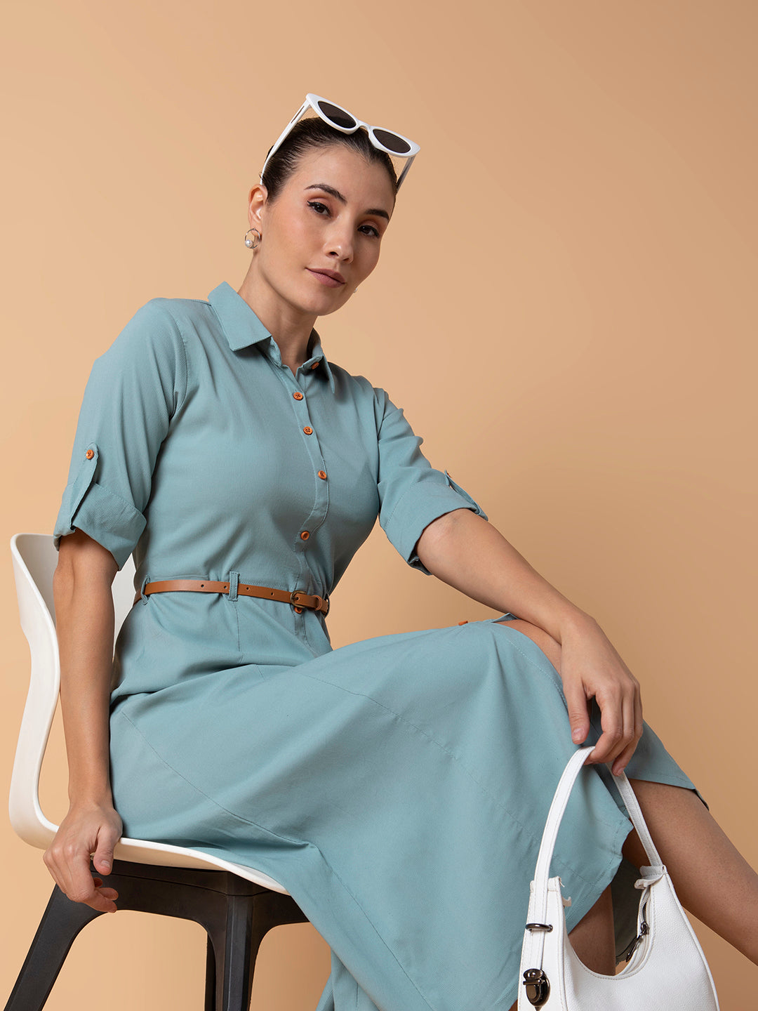 Women Solid Sea Green Midi A-Line Dress with Belt