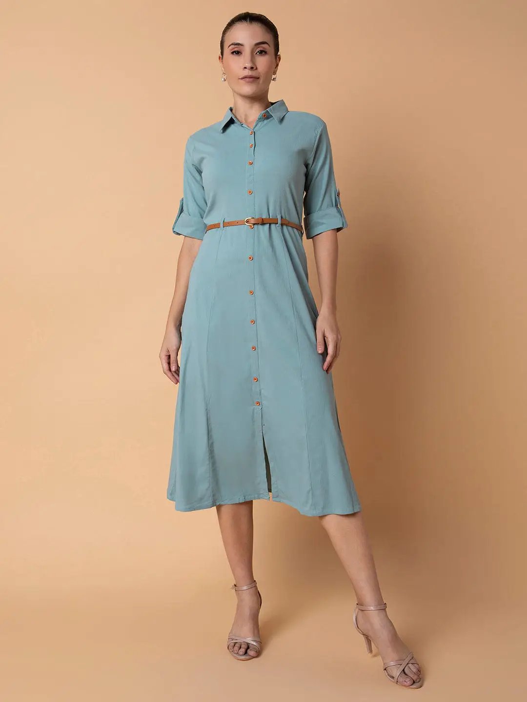 Shop Women's Solid Sea Green Midi A-Line Dress with Belt| Showoffff Shop Women's Solid Sea Green Midi A-Line Dress with Belt| Showoffff