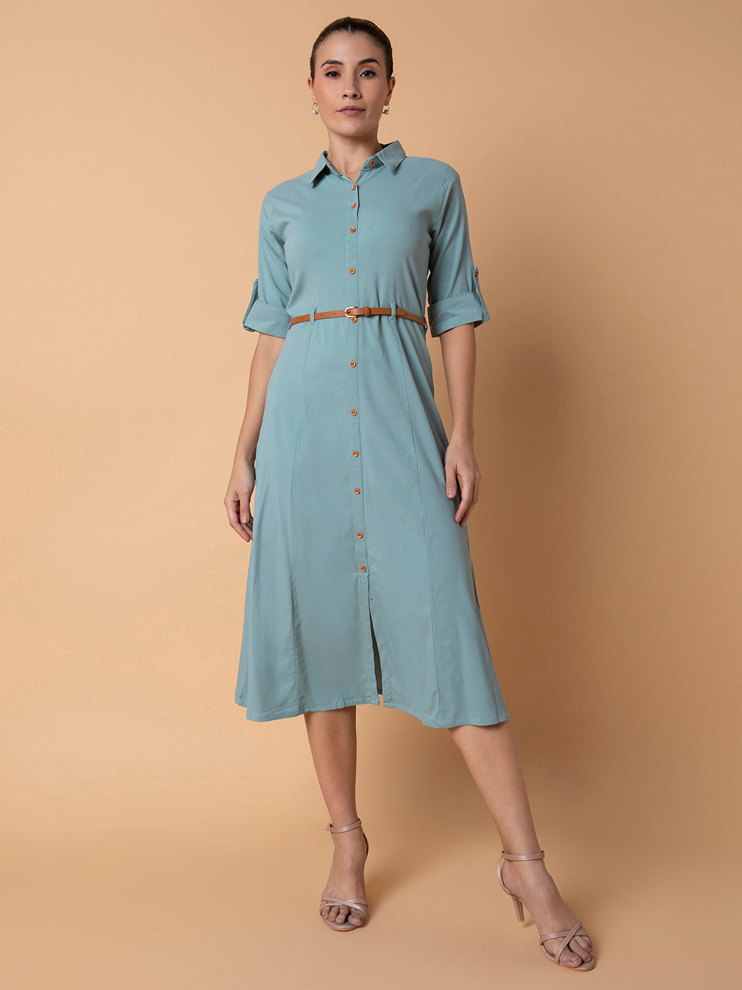 Women Solid Sea Green Midi A-Line Dress with Belt