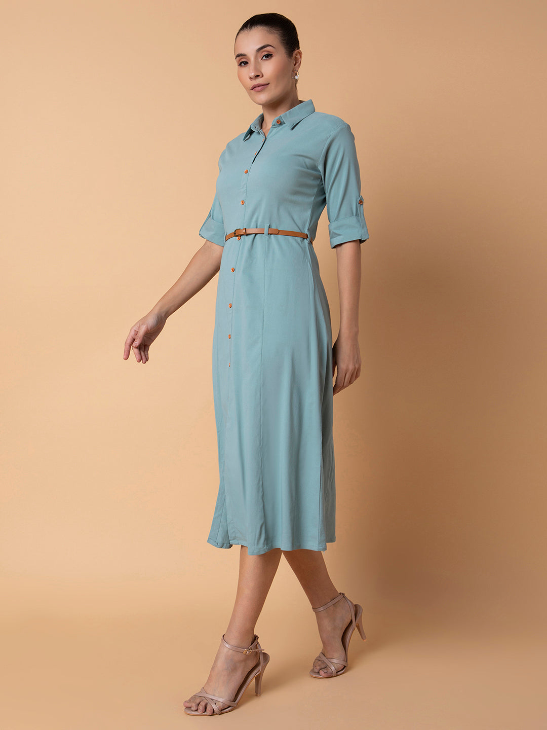 Women Solid Sea Green Midi A-Line Dress with Belt