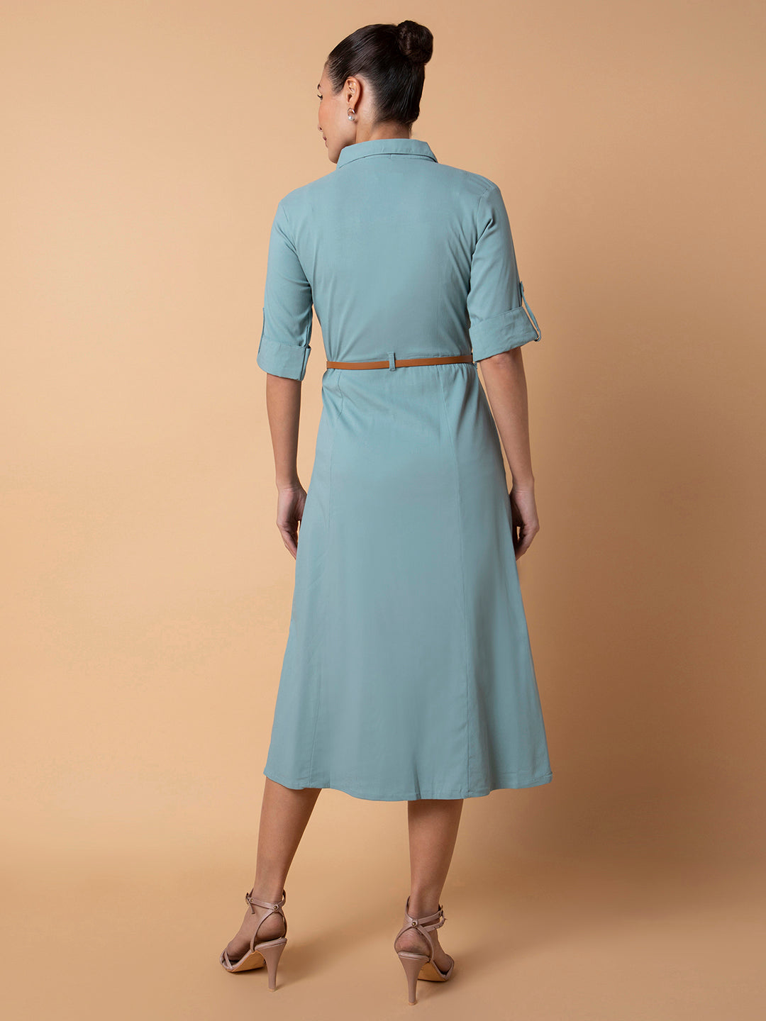 Women Solid Sea Green Midi A-Line Dress with Belt