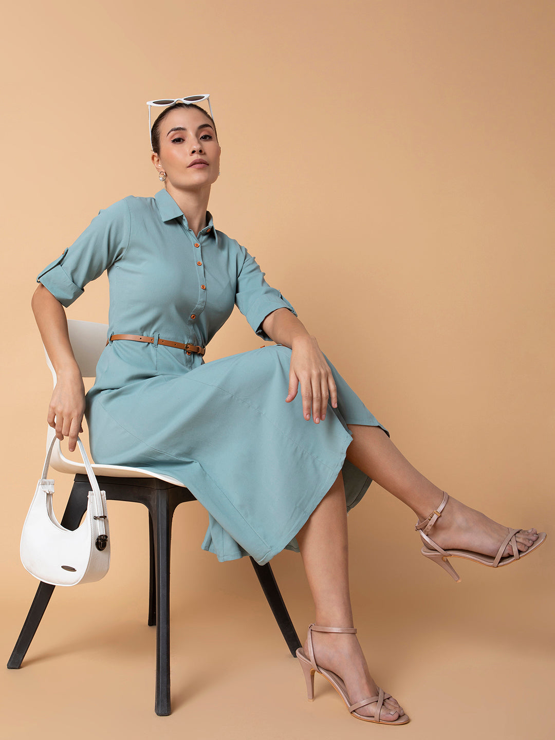 Women Solid Sea Green Midi A-Line Dress with Belt