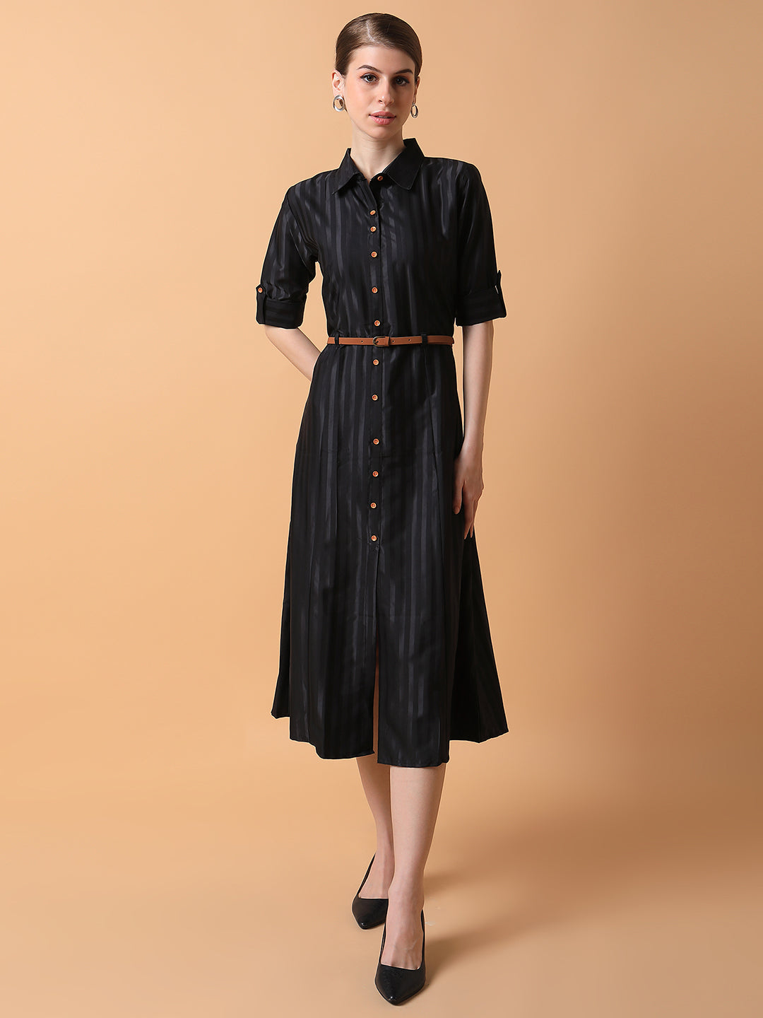 Women Solid Black Midi Shirt Style Dress with Belt