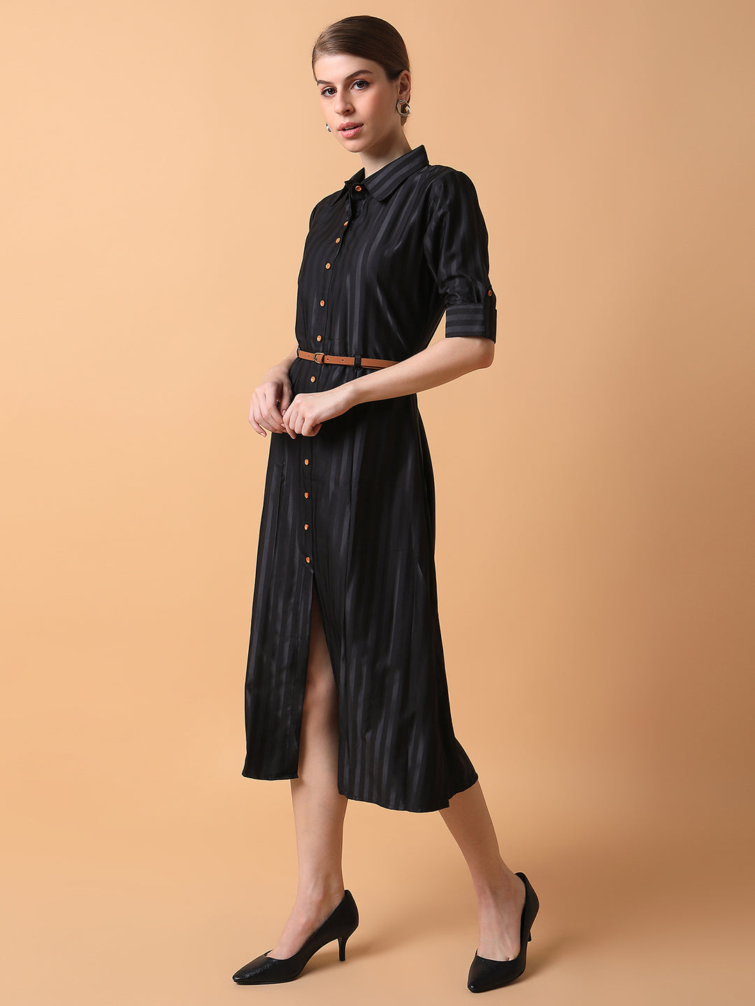 Women Solid Black Midi Shirt Style Dress with Belt