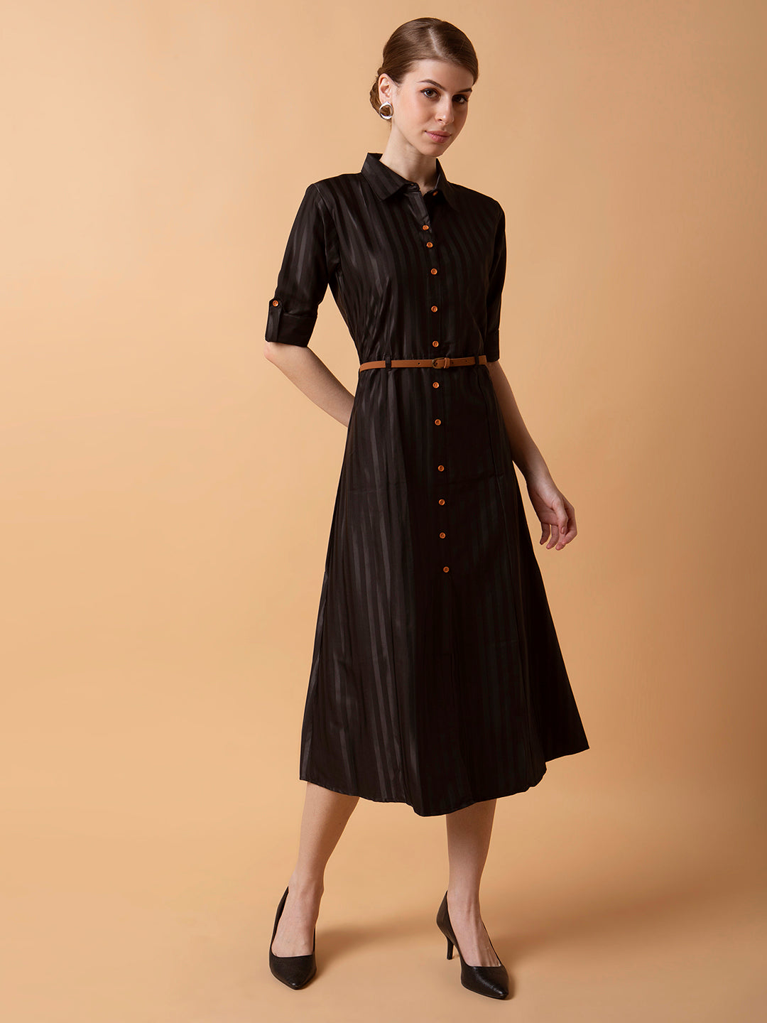 Women Solid Black Midi Shirt Style Dress with Belt