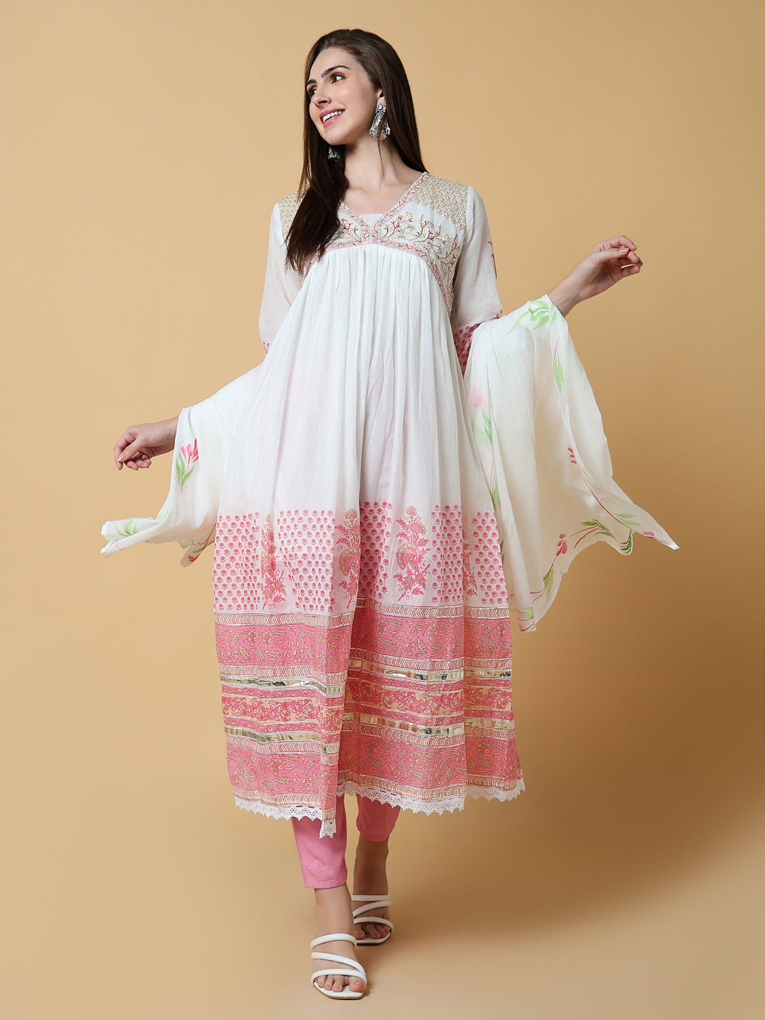 Women Floral White Anarkali Kurta Set with Dupatta