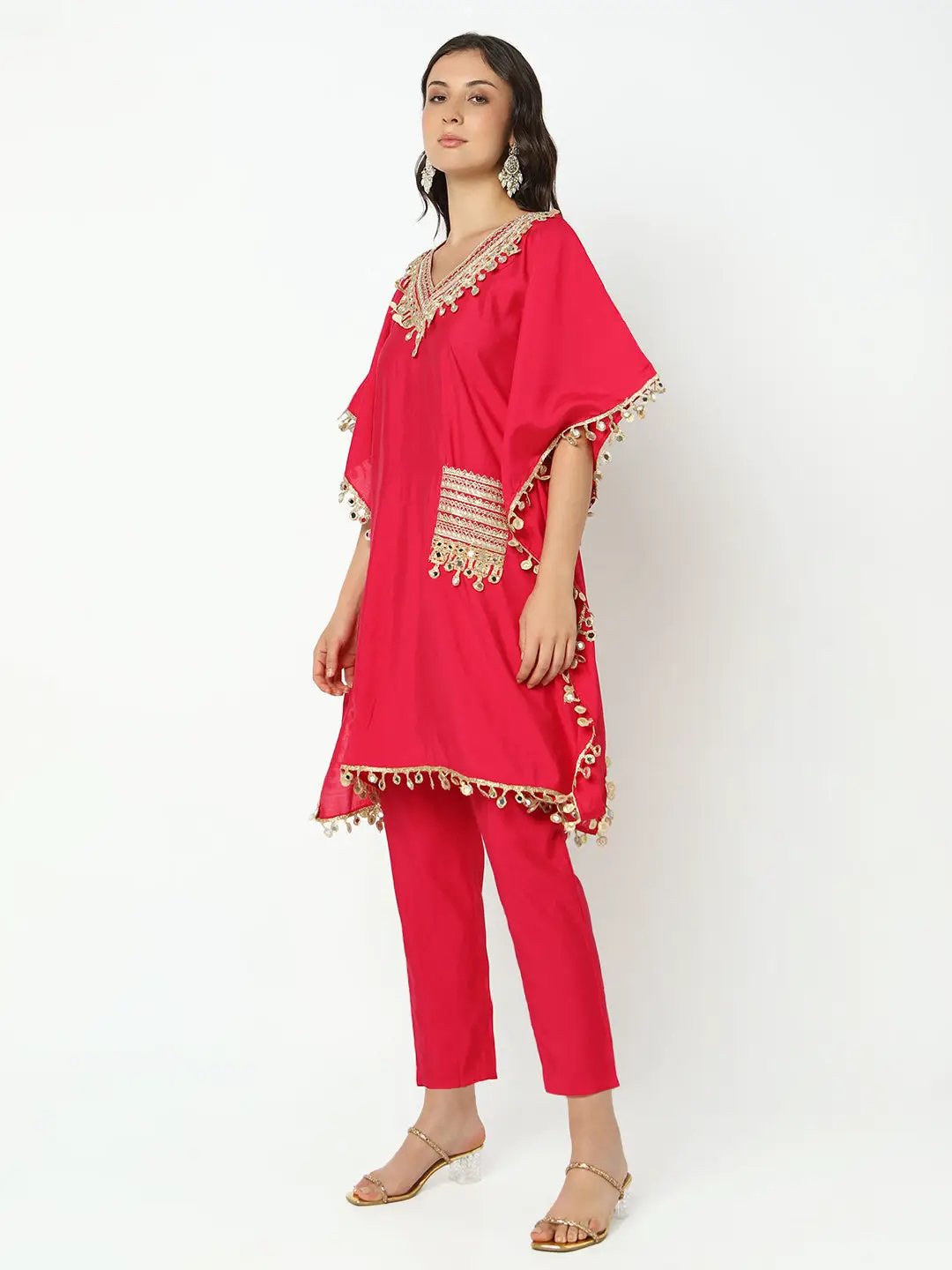 Women's Embroidered Pink Mirror Work Kaftan Kurta Set with Trouser - from SHOWOFFFF