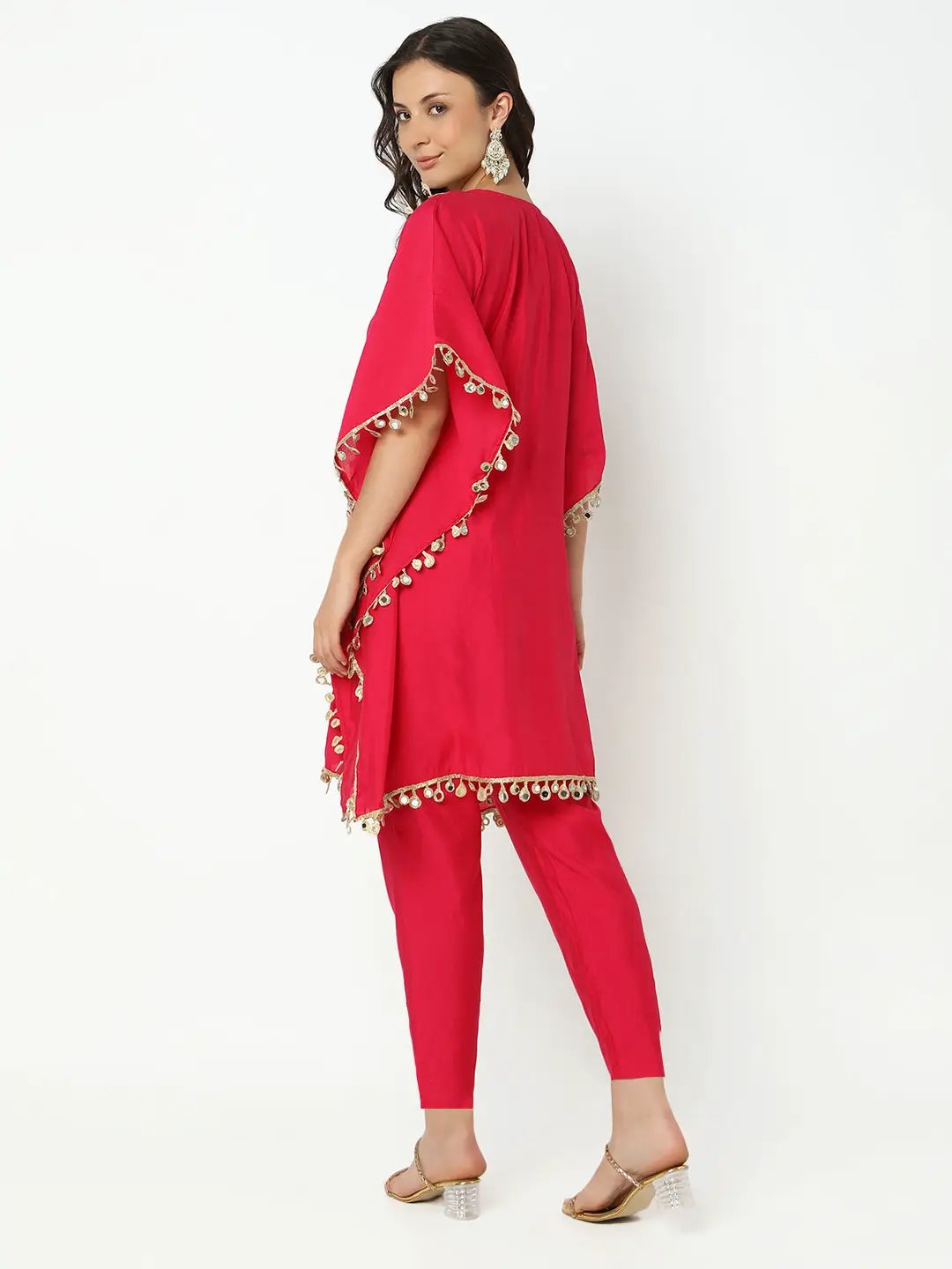 Women's Embroidered Pink Mirror Work Kaftan Kurta Set with Trouser - from SHOWOFFFF