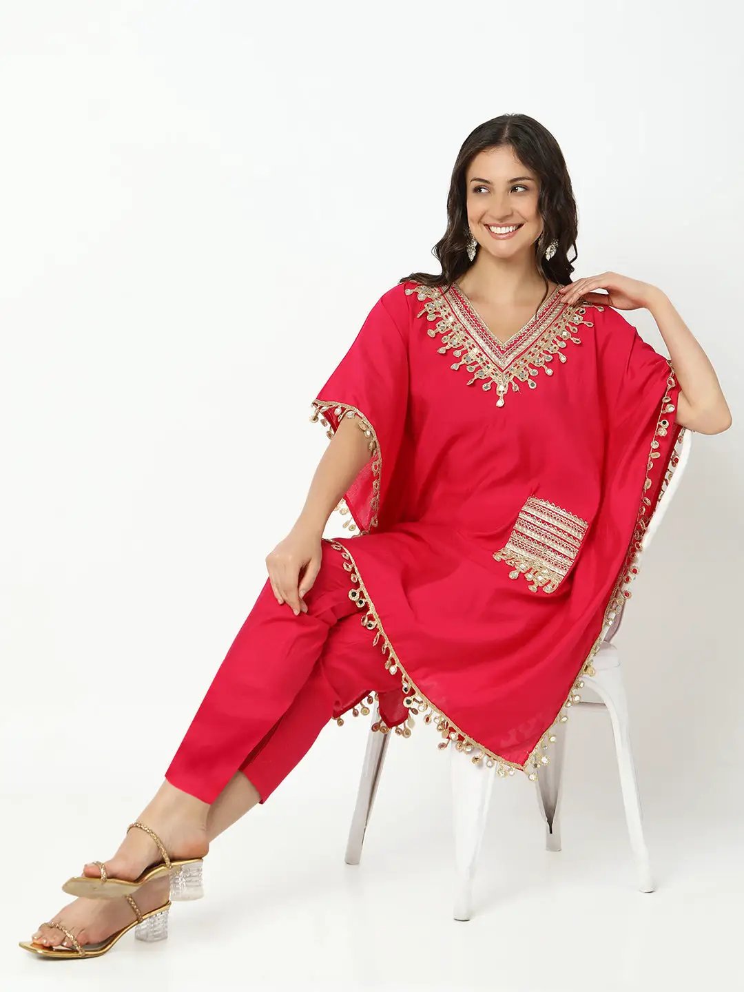 Women's Embroidered Pink Mirror Work Kaftan Kurta Set with Trouser - from SHOWOFFFF