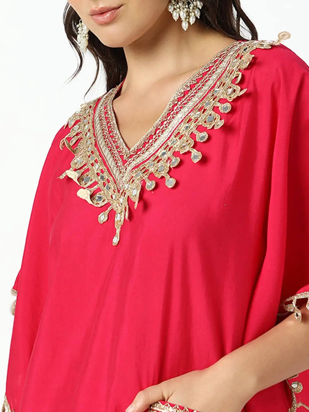 Women's Embroidered Pink Mirror Work Kaftan Kurta Set with Trouser - from SHOWOFFFF
