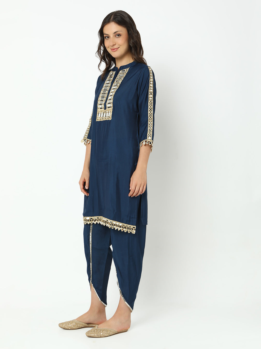 Women’s Navy Blue Mirror Work Straight Kurta Set with Dhoti Pants