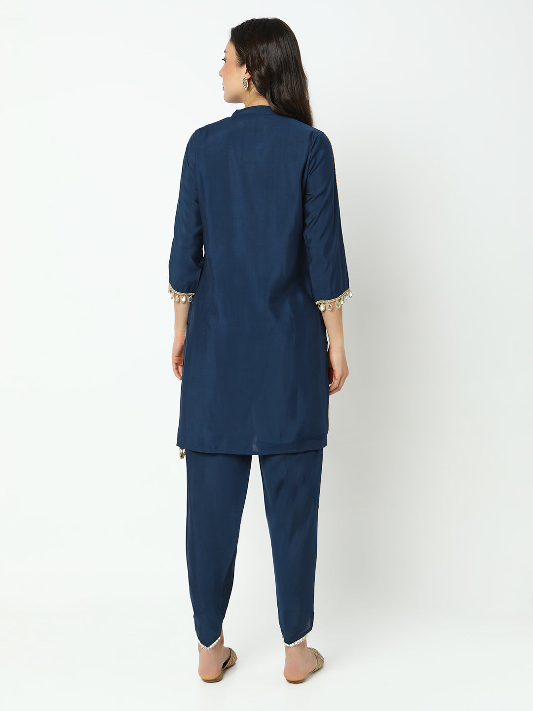 Women’s Navy Blue Mirror Work Straight Kurta Set with Dhoti Pants