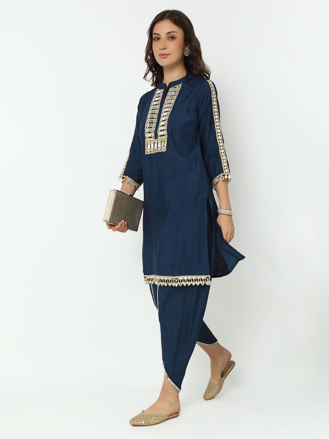 Women’s Navy Blue Mirror Work Straight Kurta Set with Dhoti Pants