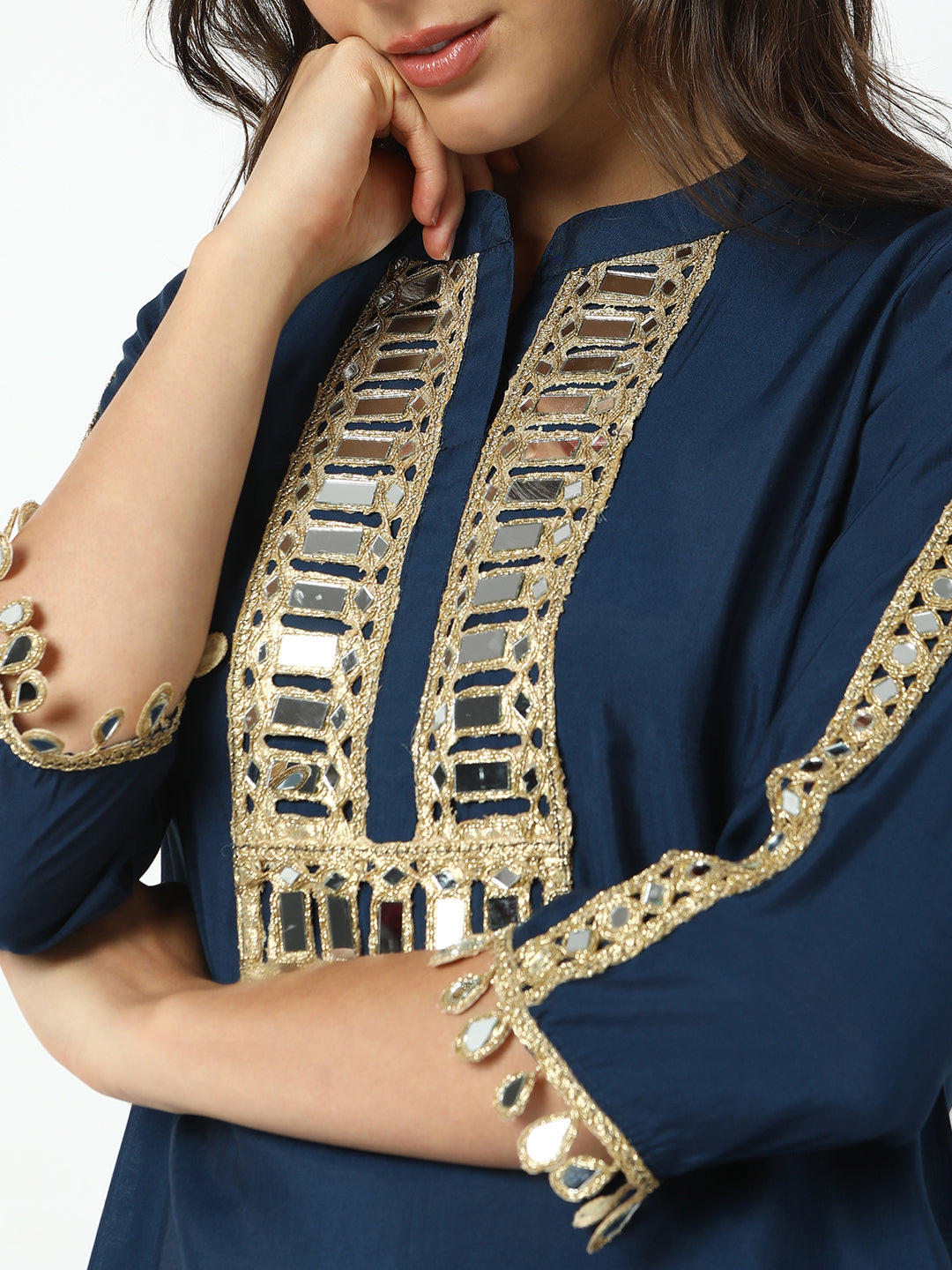 Women’s Navy Blue Mirror Work Straight Kurta Set with Dhoti Pants